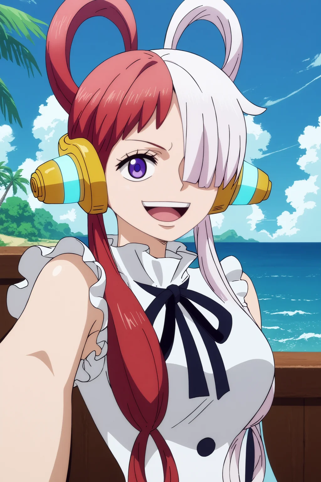uta,1girl,solo,headphones,multicolored hair,two-tone hair,white hair,split-color hair,hair rings,long hair,smile,hair over one eye,looking at viewer,ribbon, reaching, BREAK outdoors,pirate_ship,blue sky,sea,palm tree <lora:Uta_-_One_Piece.safetensors:0.9> <lora:detailed_backgrounds_v2.safetensors:0.6>,