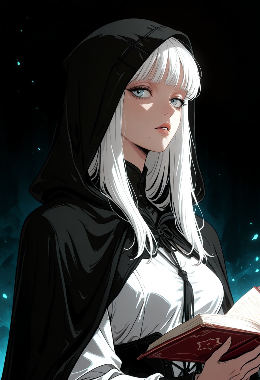 masterpiece,best quality,amazing quality,very aesthetic,absurdres, newest, anime coloring, 1girl, upper body, white hair, long hair, bangs, looking at viewer, light blue eyes, parted lips, mole under mouth, black cloak, open book, holding book, dark background, hood up, looking to the side, looking at viewer, <lora:dark_art_style_illustriousXL:0.7> dark_art_style, k4l1s4m111