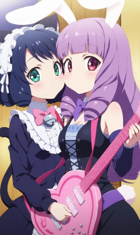masterpiece, best quality, beautiful eyes, close-up, zzchuchu, zzCyanHijirikawa, multiple girls, 2girls, looking at viewer, face-to-face, animal ears, guitar, instrument, cheek-to-cheek, cat tail, cat ears, rabbit ears, green eyes, rabbit tail, purple hair, bell, aqua eyes, cat girl, rabbit girl, long hair, electric guitar, bow, curly hair, black hair, blue hair, short hair, fashion, parody, detached sleeves, gothic, upper body, jingle bell, looking at viewer, bowtie, bass guitar, dress, drill hair, red eyes, maid headdress, purple eyes, holding, hairband,