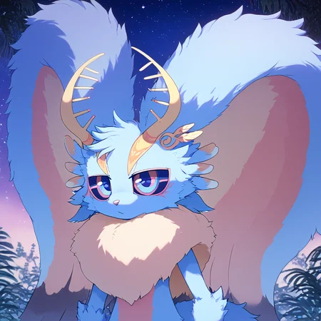 <lora:kirbypurrs:1> no humans, (furry:1), (fluffy:1), <lora:Elfilis:0.8> Fecto Elfilis, blue fur, multicolored eyes, head wings, colored sclera, fluffy tail