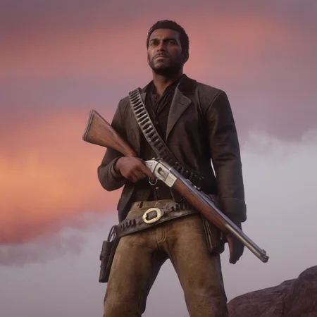 Hyperrealistic art of  <lora:Red Dead Redemption style:1>
Lenny Summers a black man holding a rifle in a red sky,solo,black hair,1boy,holding,weapon,male focus,holding weapon,gun,facial hair,suspenders,red background,manly,red theme,red sky , epic, Western, adventures, outlaw, Red Dead, Western United States, wild west, cowboy, cowgirl, Open world, 1900's, realistic, cinematic, film look, dramatic light, partially covered in shadows, gang, Western-themed action-adventure, Red Dead Redemption style, Extremely high-resolution details, photographic, realism pushed to extreme, fine texture, incredibly lifelike