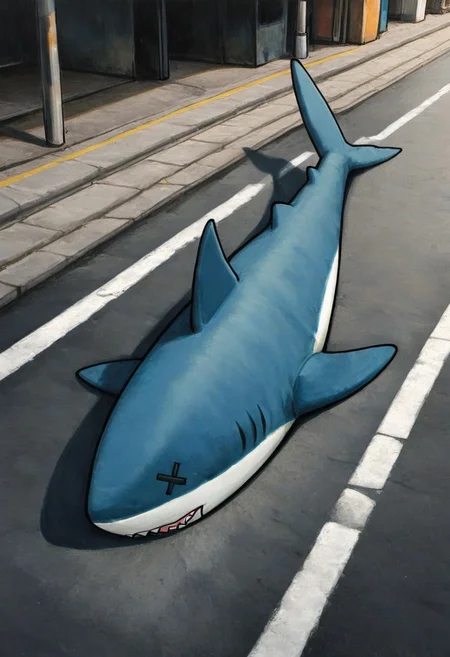 solo, no humans, ikea shark, on stomach, street, x x, stinky,
painting_\(medium\), traditional media, best quality, absurdres, [dynamic pose]