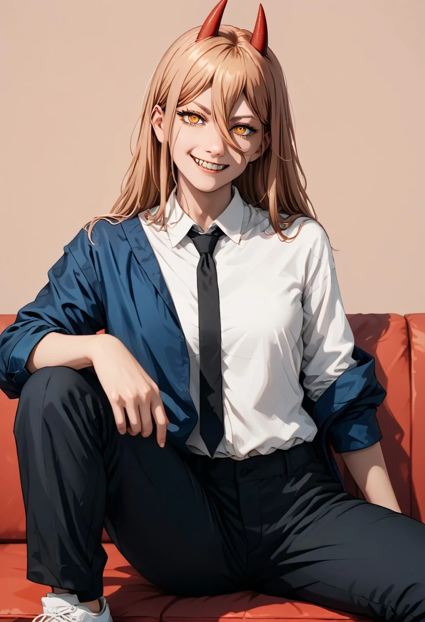 Chainsaw Man's Power, vibrant and detailed realistic style, long wavy light blonde hair, intense yellow eyes with black pupils, curved red horns, confident smile, white shirt with black tie, loose navy blue jacket, fitted black pants with rolled up cuffs, white sneakers with red laces, sitting on bright red sofa, legs crossed, arm resting on backrest, beige gradient wall background darkening upwards, soft lighting, clean lines, smooth shading, ultra-detailed artwork, high resolution.