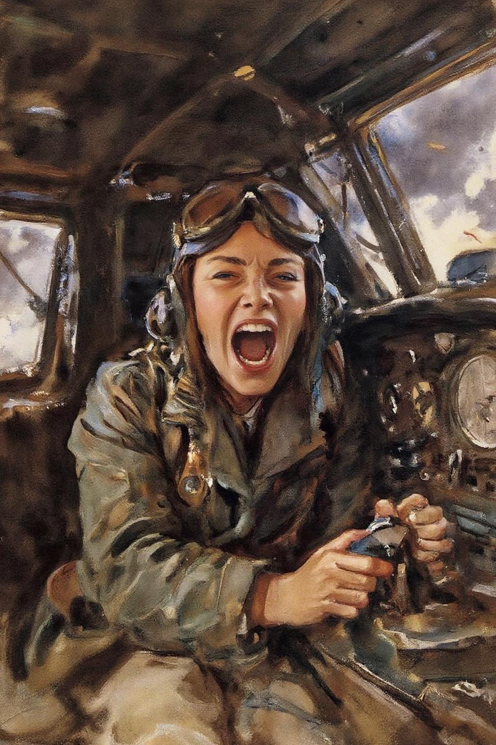 johnsingersargent3 painting. 
A female pilot screaming inside the cockpit of a World War II bomber. The pilot, wearing a vintage leather flight helmet with goggles and a bomber jacket, grips the controls with white-knuckled hands. Her face is contorted in a mix of fear and determination as she yells, her eyes wide with adrenaline. The cockpit is cramped and filled with old-fashioned dials and gauges, with the outside view showing dark stormy clouds and distant anti-aircraft fire  <lora:johnsingersargent3_cap_d8a4e12:1.0><lora:859970962886518211:0>