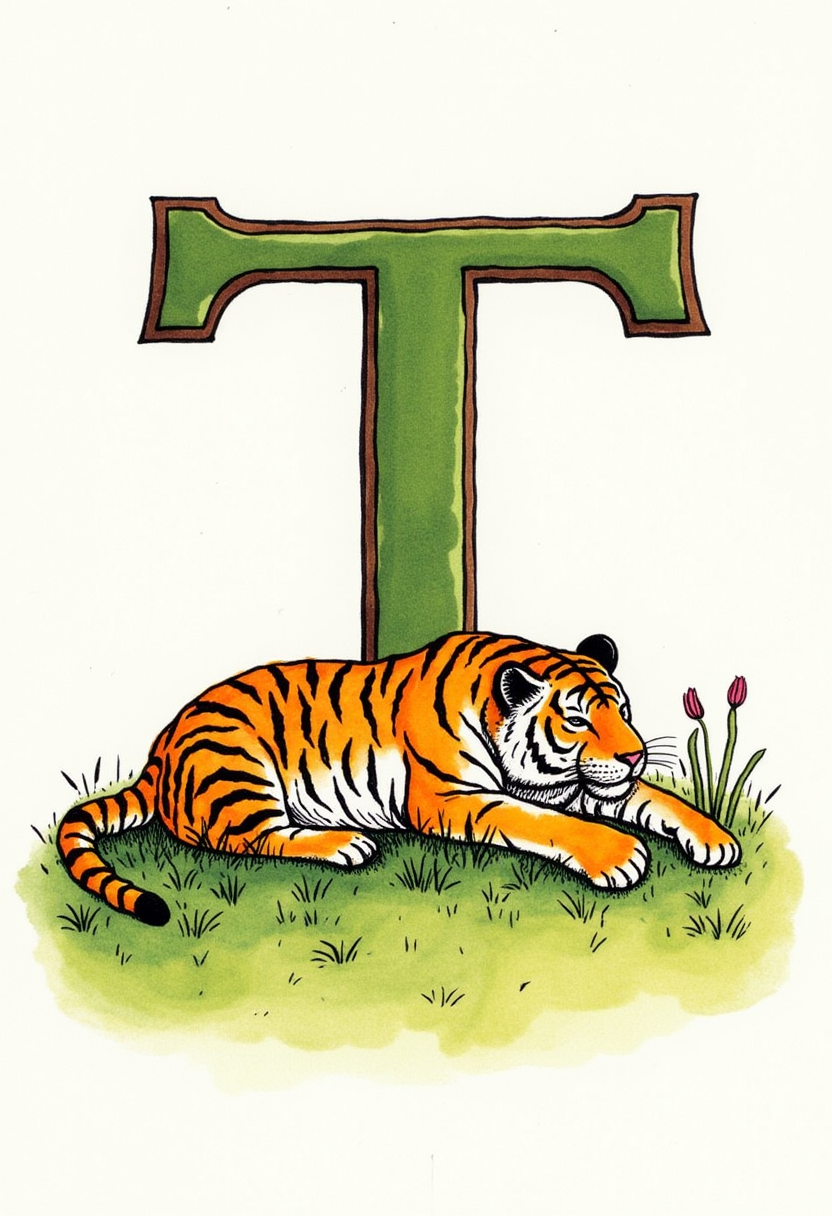 watercolor and ink illustration by Kate Greenaway. Features large green letter 'T' with brown border, showcasing a tiger sleeping on the grass
