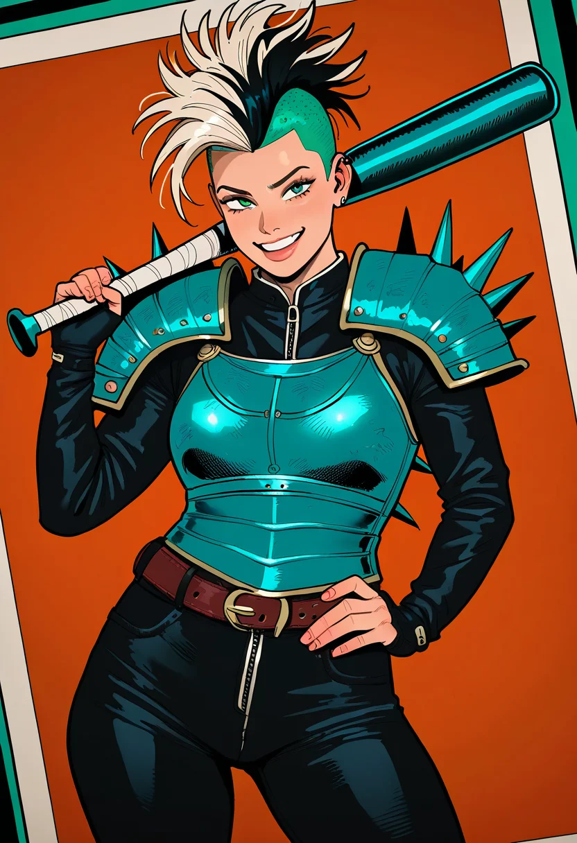 1girl, breastplate, spiked-pauldrons, baseball-bat, mohawk, multicolored-hair, masterpiece, best quality, newest, absurdres, highres, photorealistic, realistic, western-comics-\(style\)
