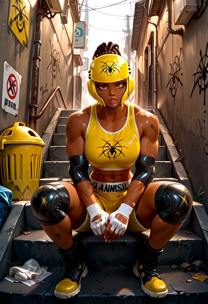 score_9_up, score_8_up, score_7_up, score_6_up), good_hands, vivid colors,, text, (high quality), (high resolution), (perfect lips,  perfect eyes,  perfect body), BREAK, (Nora Césaire, dark-skinned female, muscular female, amber eyes, brown hair, dreadlocks, braids, ponytail, a mole underneath the right eye, yellow tank top, yellow shorts, spider design on chest, black lagging, knee-length black boots with yellow toe, mma headgear, yellow headwear,  black Elbow Pads, black knee pads, white bandage, bandage gloves,),  standing, looking at view, sitting on stairs, BREAK, alley, dirty, trash, emergency staircases, dumpsters, signs, graffiti, BREAK, score_9, score_8, score_7,