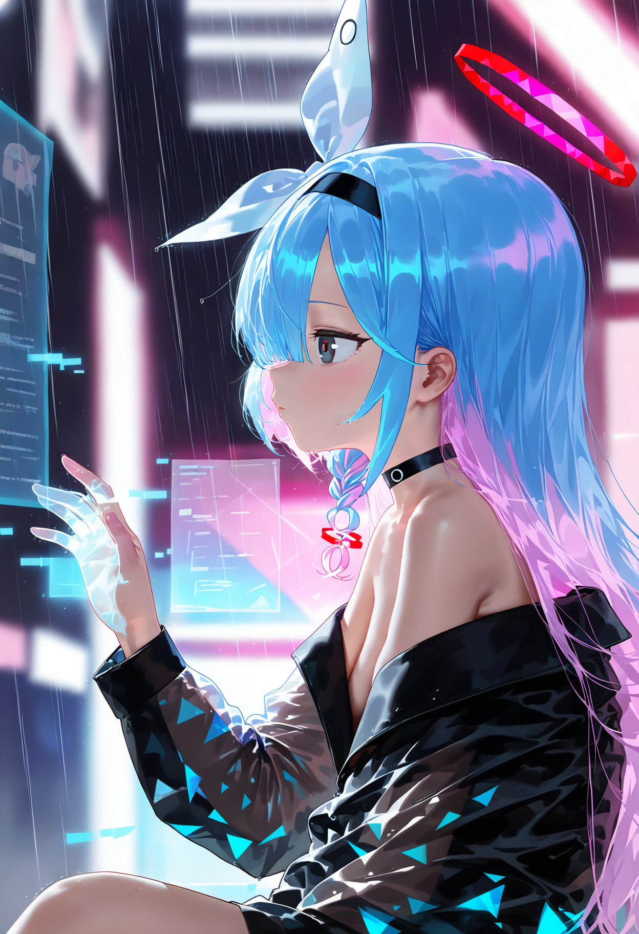 1girl, solo, arona \(blue archive\), long hair, choker, halo, jacket, sitting, black choker, hairband, braid, off shoulder, from side, bare shoulders, pink hair, black jacket, rain, bangs, holographic interface, ribbon, hair ribbon, blurry, long sleeves, multicolored hair, profile, blue hair, bow hairband, blurry background, breasts <lora:nyaliaXL_NB11_lokr_V6311P:0.95>