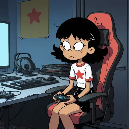 masterpiece, best quality, break, stella_lh, black hair, freckles, shirt, star_(symbol), skirt, sitting, gaming chair, game controller