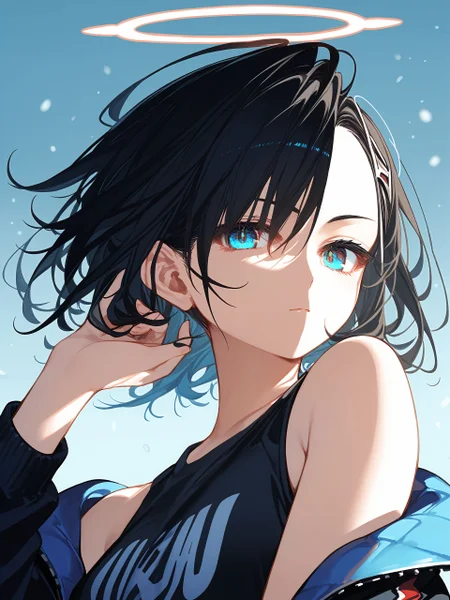 score_9,score_8_up,score_7_up,score_6_up,source_anime,
1girl, blue_eyes, solo, blue_hair, white_background, long_hair, looking_at_viewer, black_hair, halo, simple_background, forehead, off_shoulder, shirt, black_shirt, closed_mouth, multicolored_hair, bare_shoulders, jacket, sleeveless, portrait, upper_body, hair_behind_ear, hand_on_own_head,
by toosakaasagi, <lora:Toosaka-Asagi-Style-PonyXL-000036:1>, <lora:neg4all_bdsqlsz_xl_V91:-1>,
