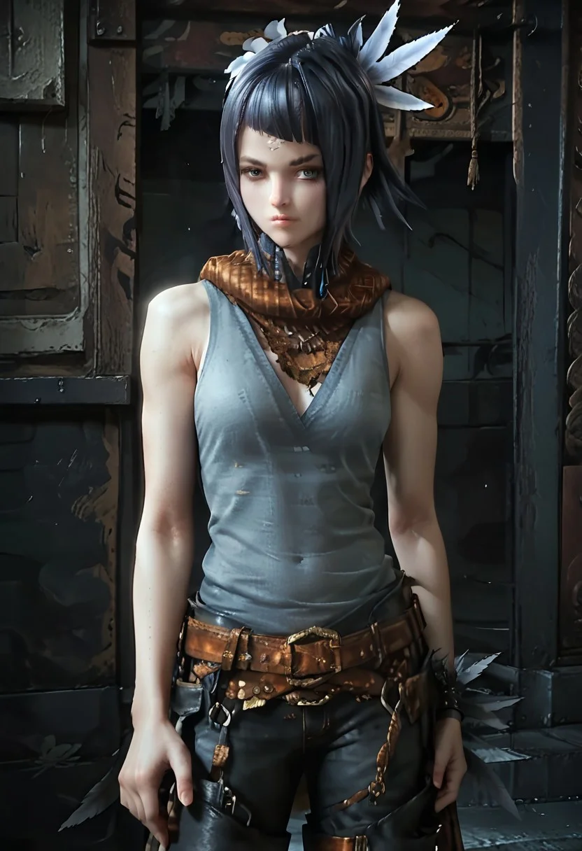 score_9, score_8_up, score_7_up,high quality,highly detailed, mirania,1girl, solo, black hair, hair ornament, short hair, feather, hair ornament, boots, feathers, belt, singlet, leather pants, looking at viewer