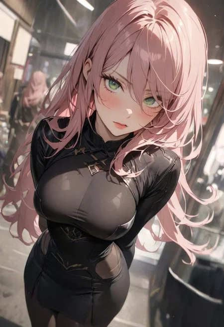 1woman, solo,  long hair, pink hair, black choker, green eyes, one eye covered by hair, eyeliner, gorgeous lips, tights, medium breasts
cinematic, (masterpiece), (best quality), (ultra-detailed), very aesthetic, illustration, detailed eyes, perfect eyes, detailed  face
hourglass body, hair between eyes ((curvaceous body)), sexy female, hourglass figure, no bra, sleeves, armor dress, looking at viewer, black skirt with slit, BREAK, dutch angle.