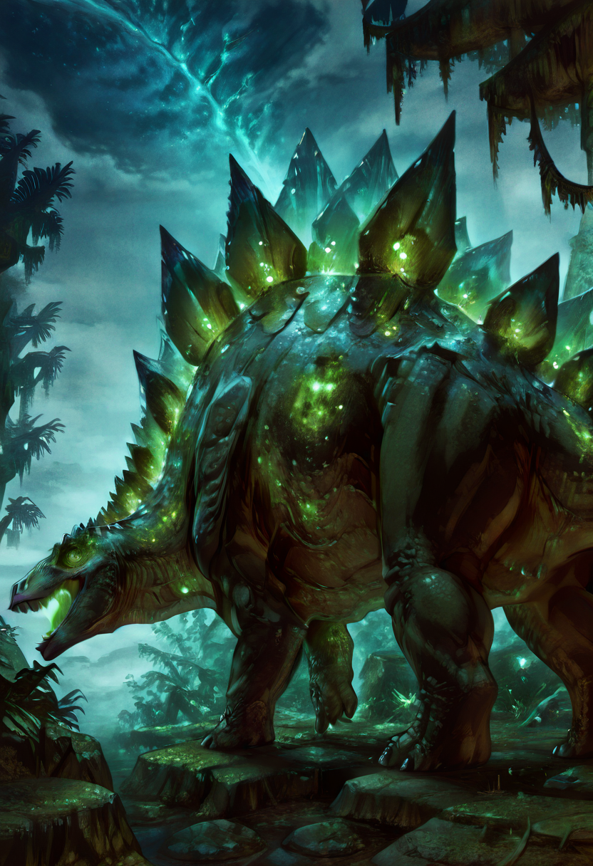 masterpiece, best quality, solo, no humans,     zzStego, close up, side view, outdoors,   ,<lora:StegosaurusDinosaur_IXL:1.0>,  <lora:CrystalKingDino_IXL:0.7> zzCrystalKing, green crystal body, jagged crystal plates, glowing core, reptilian eyes, dense jungle, glowing moss, thunderstorm, roaring pose, low angle, bioluminescent lighting, primal atmosphere