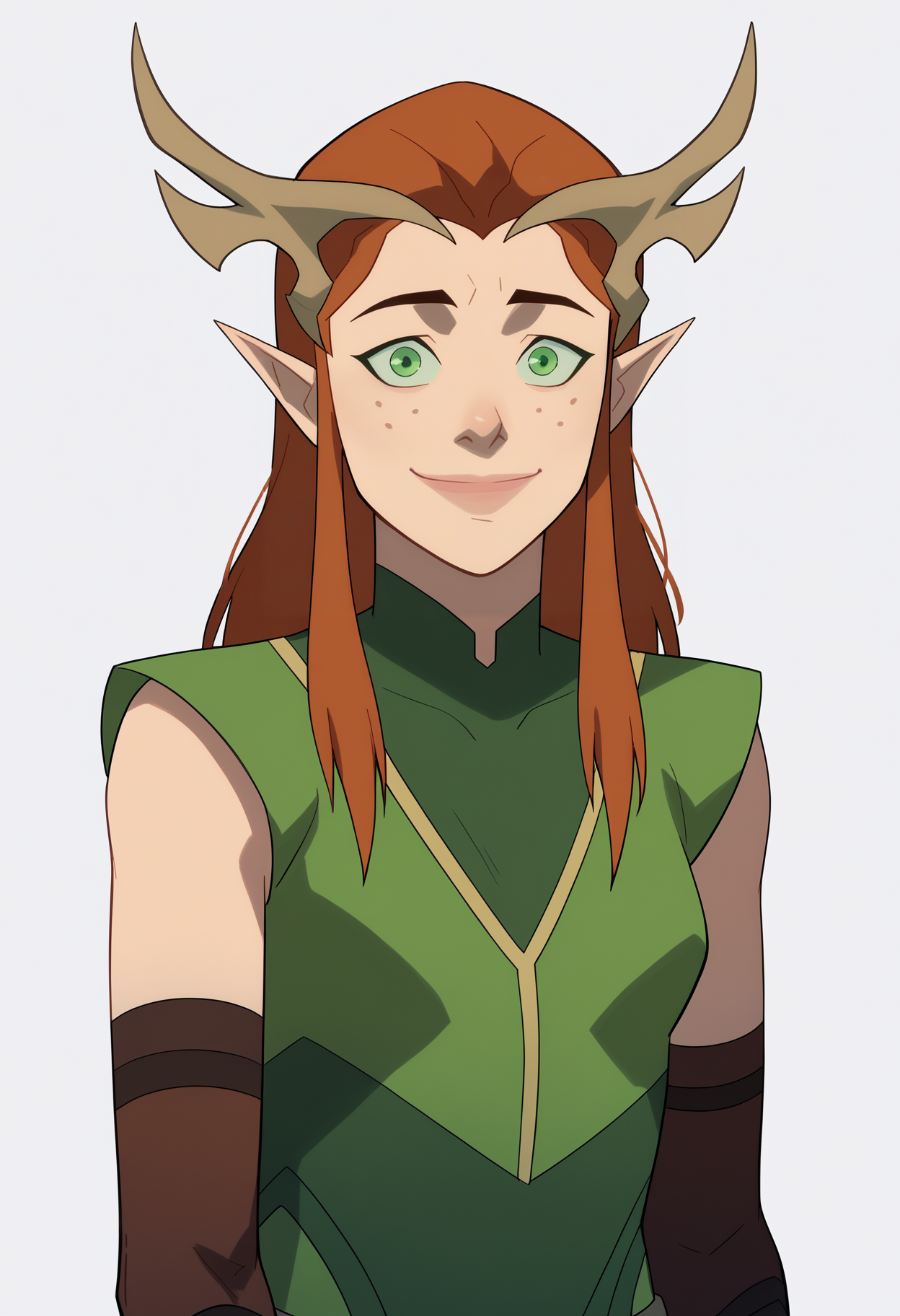 score_9, score_8_up, score_7_up, BREAK,
1girl, keyleth, ginger hair, green eyes, long hair, pointy ears,
antlers crown, freckles,
fingerless elbow gloves, green short robe,
upper body, smile, solo, looking at viewer, simple background, white background   <lora:KeylethPDXL_byKonan:1>