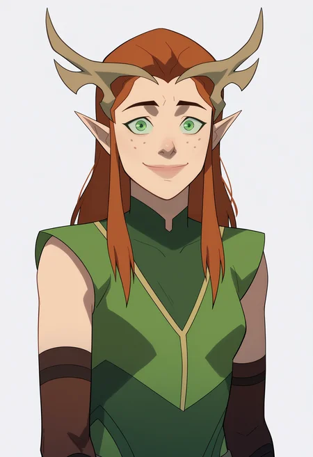 score_9, score_8_up, score_7_up, BREAK,
1girl, keyleth, ginger hair, green eyes, long hair, pointy ears,
antlers crown, freckles,
fingerless elbow gloves, green short robe,
upper body, smile, solo, looking at viewer, simple background, white background <lora:KeylethPDXL_byKonan:1>