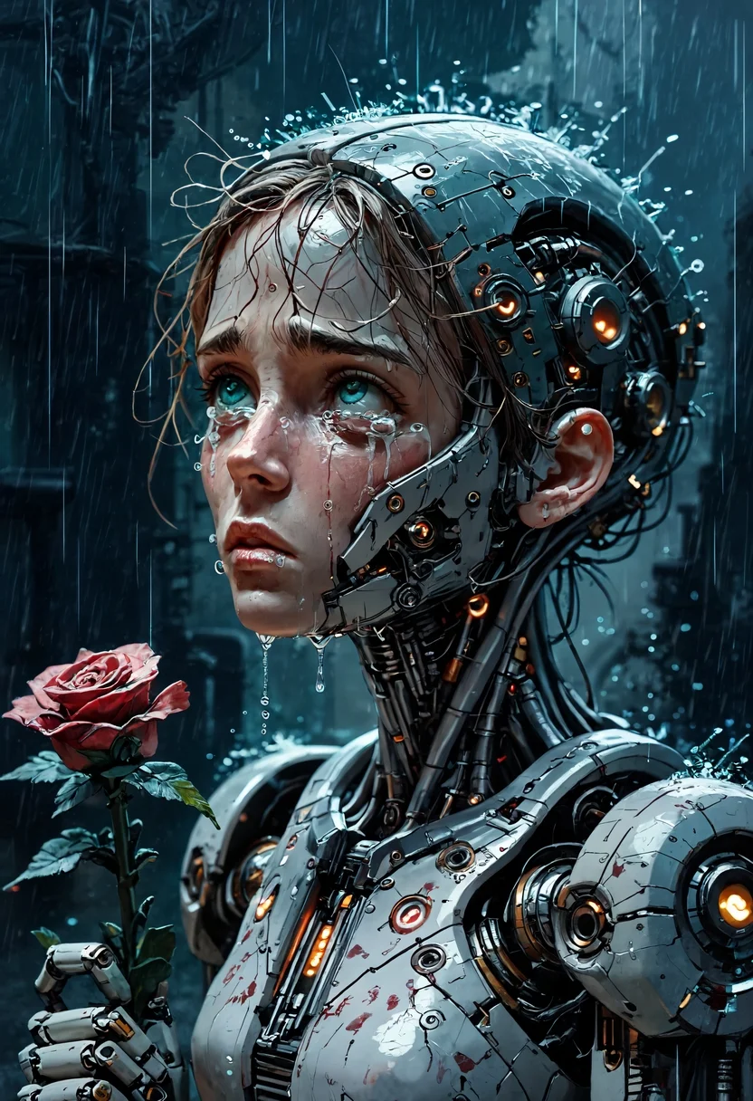 score_9, score_8_up, score_7_up, derpibooru_p_95, dramatic masterpiece, high quality, ultra real, sci-fi fantasy, Romanticism, (1 artificial female simulant with a half human face, android, artificial intelligence, part human, part machine, highly detailed skin tightly pulled over cybernetic components and gears and pistons:1.4), standing in the rain, (sulking:1.3), clothes drenched, (Heartbroken:1.2), (looking up in misery:1.2), (rain pours on her face), (anguish, devastation, Tears welled from eyes, lower lip quivering:1.2), (holding a rose close to her heart and face, Her lower lip begins to quiver her face contorts, and the tears begin to flow:1.4), hopeless sadness, highly emotional, close-up, (sideways glance:1.4), foreshortening, Ominous tone, captivating, Conceptual, abstract, creative, unique, thought-provoking, set the tone for visual imaginary art, extremely detailed 8K, rating_explicit, Expressiveh