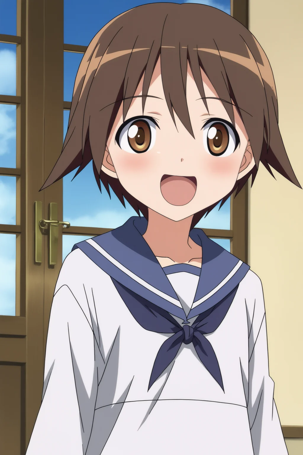 Yoshika_Miyafuji, anime coloring, flat shadows, upper body, happy <lora:Strike_Witches-Yoshika_Miyafuji-PDXL-s1:0.8>