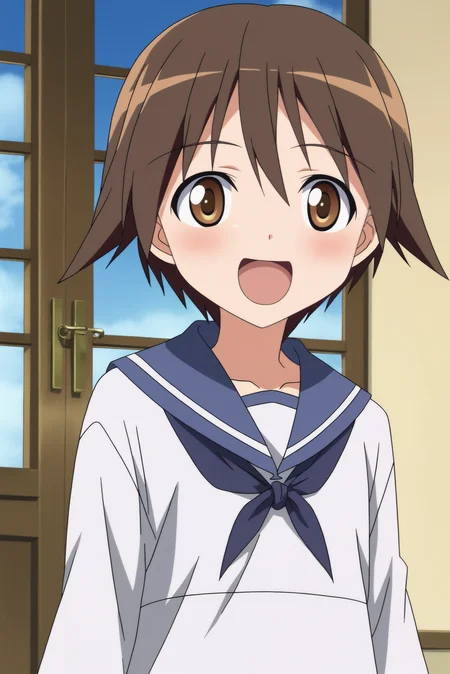 Yoshika_Miyafuji, anime coloring, flat shadows, upper body, happy <lora:Strike_Witches-Yoshika_Miyafuji-PDXL-s1:0.8>
