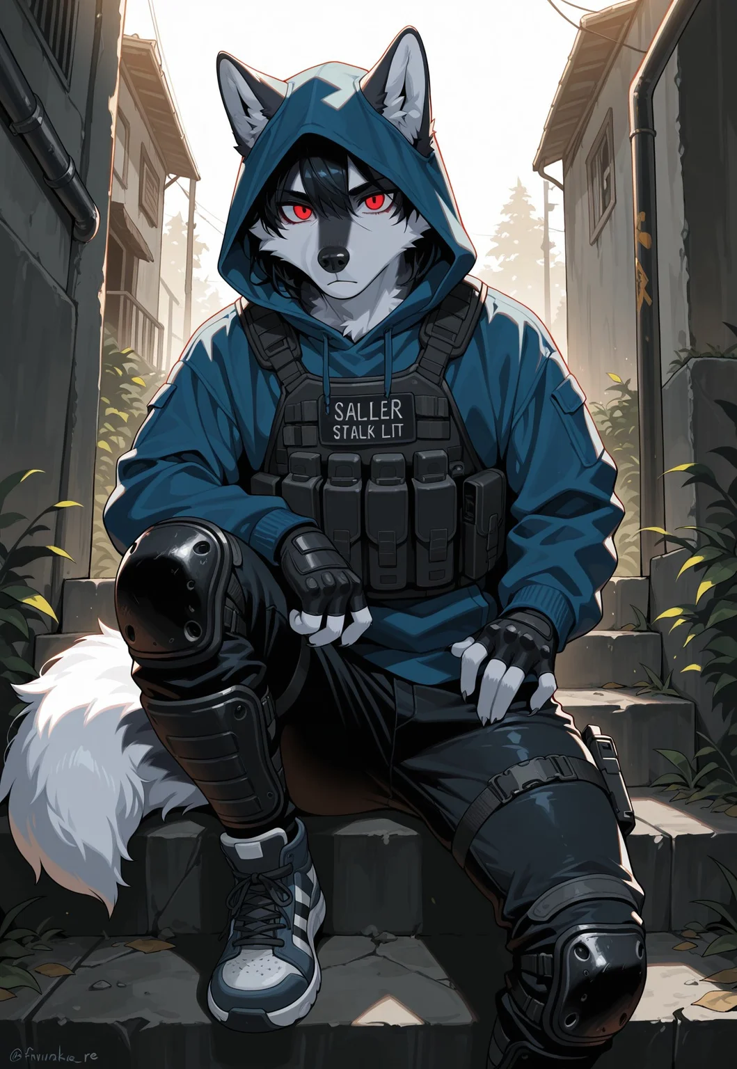 masterpiece,best quality, amazing quality,1boy, solo, fox, Furry wolf (black and white furr), fluffy tail, 5 fingers, Wolf Red eyes, black nose, sneakers, black jeans, blue hoodie, tactical body armor, hood, fingerless gloves, knee pads and shin guards, stalker style.