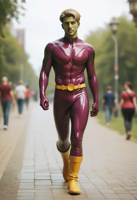 score_9, score_8_up, score_7_up, green face, mature, adult male, colored skin, superhero, latex, short blonde hair male, ((magenta bodysuit)), magenta superhero, yellow belt, yellow boots, walking, depth of field, 32k UHD resolution, best quality, high quality, full body