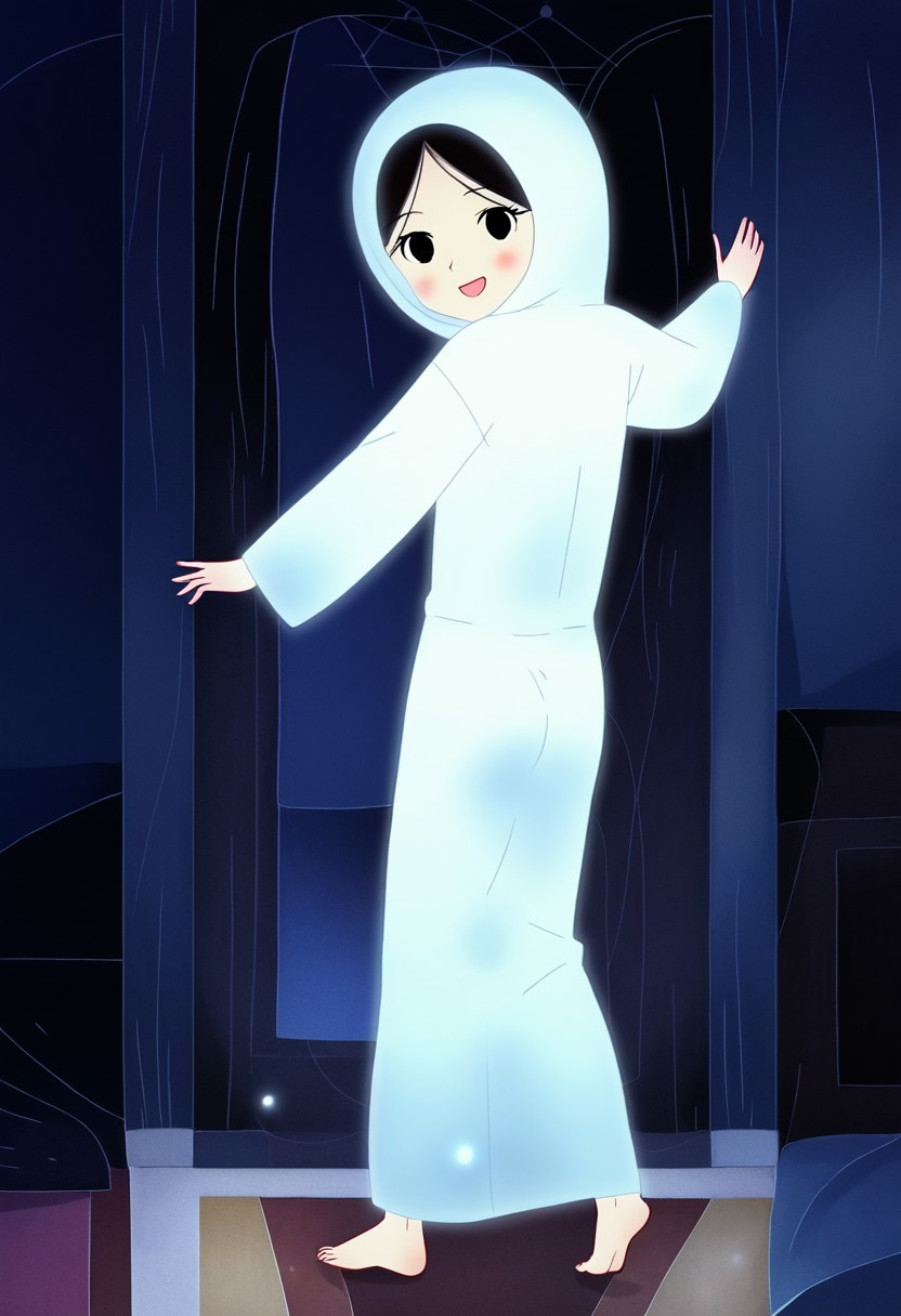 zPDXL3, source_cartoon, Perfect Hands, full body,
1girl, solo, aged down, bedroom, looking at viewer, saoirse, black hair, black eyes, blush, ghost, hood up, robe, barefoot, glowing, dancing on bed, from behind, facing at viewer, feeling cold, eyes open, smile, open mouth, sleeve past wrist, slim body, long body, highlight cloth wrinkle, anime style, kicking,
<lora:Perfect Hands:1>  <lora:Saoirse_-_The_Song_of_the_Sea-000009:1>