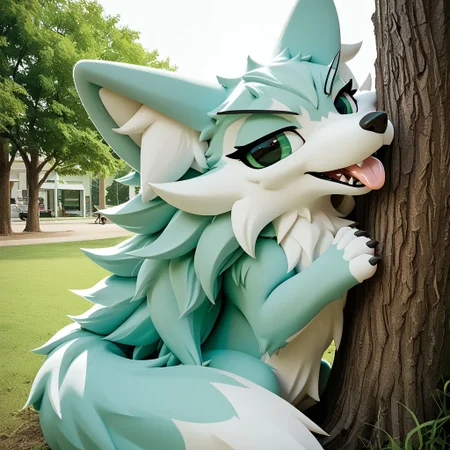 anthro, solo, feral, female, canid, wolf, (female_adult_wolf), side view, white fur, big rgreen eyes, narrowed eyes, tongue out, big wolf tail, big wolf ears, leaning against a tree, at park, score_9_up, score_8_up, score_7_up, source_anime
