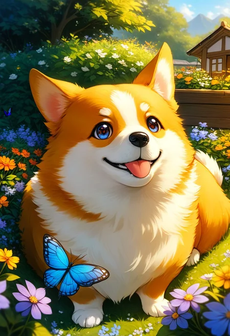 a butterfly lands in a corgi dog's nose, garden, happy dog, smiling, detailed background, masterpiece, highres, 4k, 8k