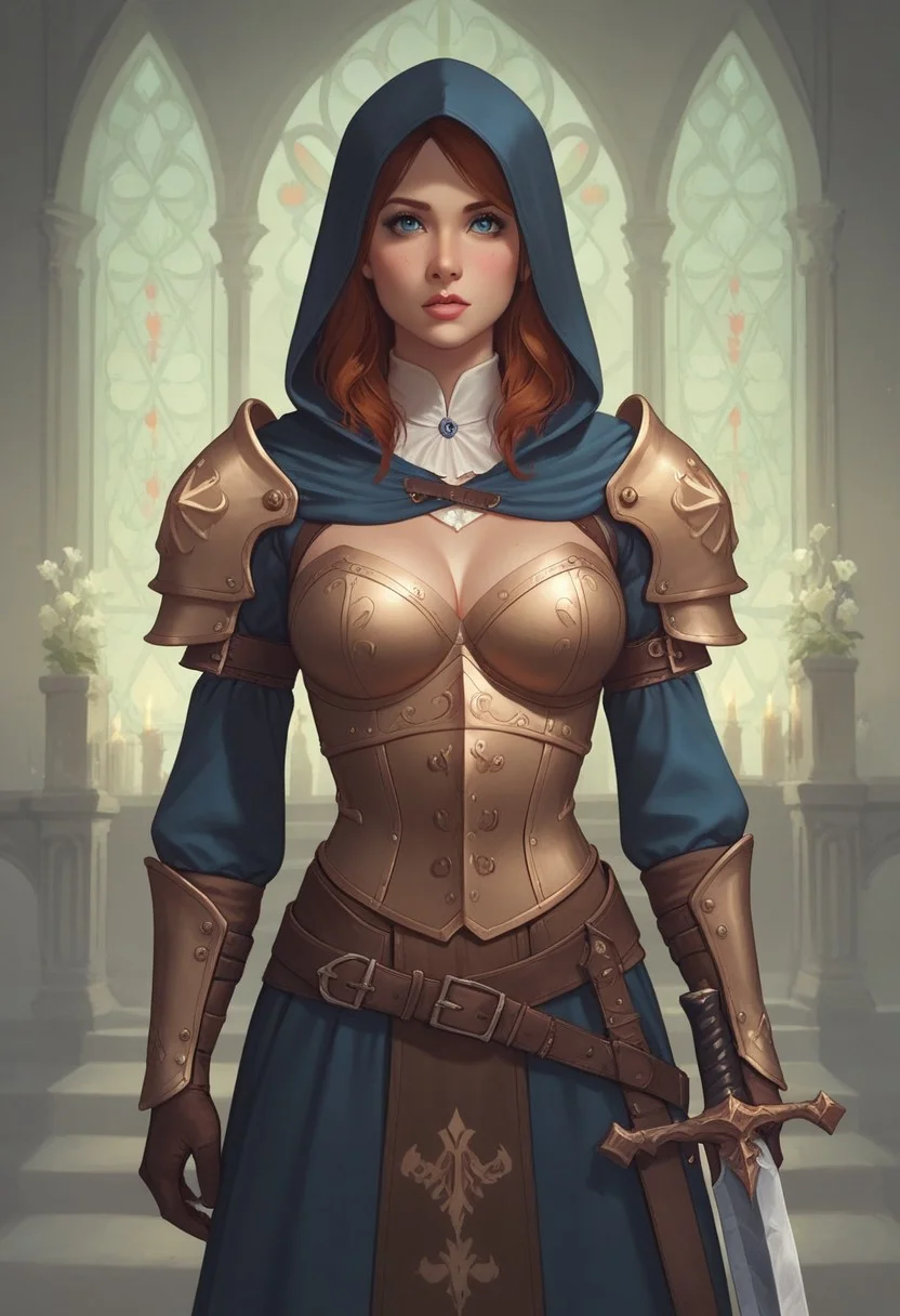 8k resolution, score_9, score_8_up, score_7_up, 22 years, Expressiveh, medieval fantasy, single a sexy brown hair blue eyes girl, big perfect breasts, perfect face, long and hourglass body, detailed eyes, semi realistic, girl heavy armor, sheathed sword, standing, medieval fantasy castle armory, hood down