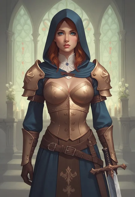 8k resolution, score_9, score_8_up, score_7_up, 22 years, Expressiveh, medieval fantasy, single a sexy brown hair blue eyes girl, big perfect breasts, perfect face, long and hourglass body, detailed eyes, semi realistic, girl heavy armor, sheathed sword, standing, medieval fantasy castle armory, hood down