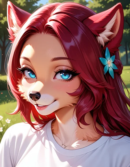 masterpiece, best quality, very aesthetic, absurdres,
outdoors, 
upper body, face focus,
t-shirt, 
seductive smile, parted lips, long eyelashes, head tilt, 
<lora:Croia_v01_NAIXL:1>
Cr01a,1girl,solo,furry,furry female,animal ears,long hair,red hair,hair ornament,blue eyes,snout,animal nose,body fur,tail,
