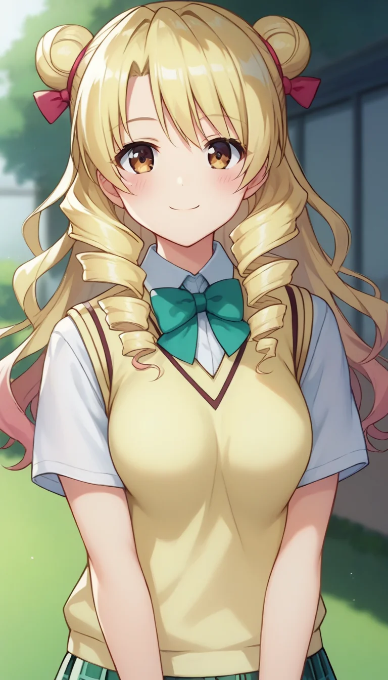 score_9,score_8_up,score_7_up,score_6_up BREAK official art,solo,outdoors,upper body,(portrait:1.5),looking at viewer,facing viewer,smile,blush,Tenjouin Saki,long hair,blonde hair,curly hair,double bun,twin drills,hair bow,hair ribbon,bangs,brown eyes,school uniform,sweater vest,yellow vest,white shirt,collared shirt,green bowtie,short sleeves,medium breasts,miniskirt,green skirt,plaid skirt,pleated skirt,black socks,loafers,<lora:Tenjoin Saki(tlr)-Pony:1.6>,