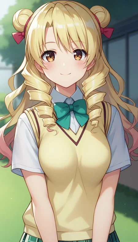 score_9,score_8_up,score_7_up,score_6_up BREAK official art,solo,outdoors,upper body,(portrait:1.5),looking at viewer,facing viewer,smile,blush,Tenjouin Saki,long hair,blonde hair,curly hair,double bun,twin drills,hair bow,hair ribbon,bangs,brown eyes,school uniform,sweater vest,yellow vest,white shirt,collared shirt,green bowtie,short sleeves,medium breasts,miniskirt,green skirt,plaid skirt,pleated skirt,black socks,loafers,<lora:Tenjoin Saki(tlr)-Pony:1.6>,