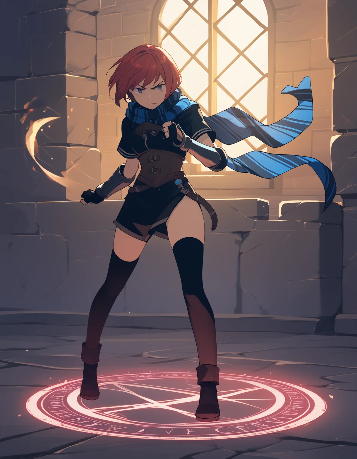 score_9, score_8_up, score_7_up <lora:nel-zelpher-ponyxl:1> nel zelpher, black dress, short dress, striped scarf, vambraces, fingerless gloves, black thighhighs,
determined look, magic, magic circle, burst of light, dungeon