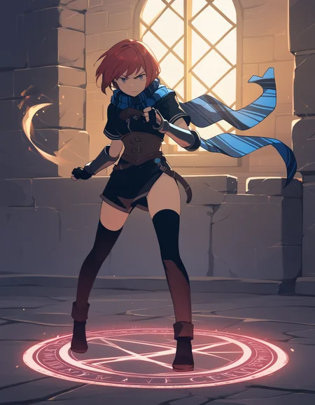 score_9, score_8_up, score_7_up <lora:nel-zelpher-ponyxl:1> nel zelpher, black dress, short dress, striped scarf, vambraces, fingerless gloves, black thighhighs,
determined look, magic, magic circle, burst of light, dungeon