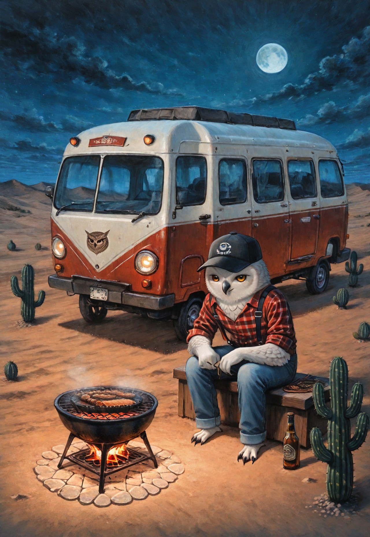 (solo), lukch, painting_\(medium\), no humans, portrait, owl,
sitting, grilling, baseball cap, suspenders, rolled up sleeves, plaid shirt, jeans, beer bottle, light smile, skewer,
night, desert, grill, camper trailer, caravan, moon, cactus,
traditional media, best quality, absurdres