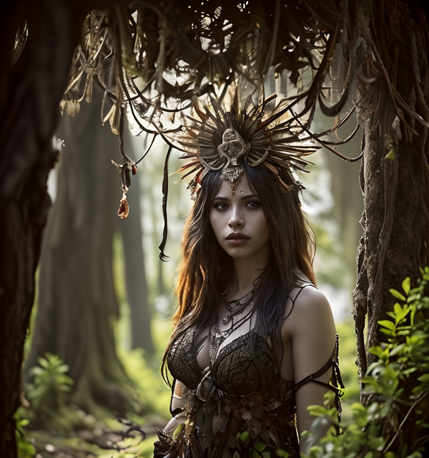 RAW photo, (masterpiece:1.3), subsurface scattering, heavy shadow, (high quality:1.4), (intricate, high detail:1.2), professional photography, HDR, High Dynamic Range, realistic, ultra realistic, photorealistic, high resolution, film photography, ambient lighting, atmospheric effects, <lora:detail_slider_v4:2>, OverallDetail, DaSa, seductive primitive shamen summoning  spirits in the dark forest, <lora:DarkShaman:1>, <lora:zoom_slider_v1:-2>, epiCPhoto