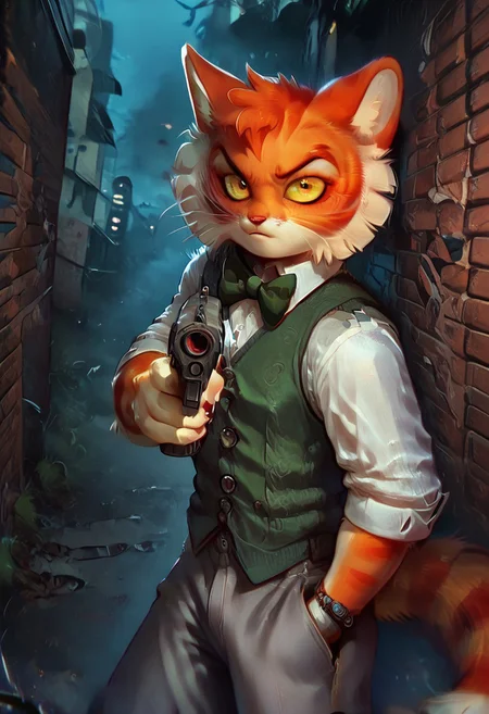 score_9, score_8_up, score_7_up, nsfw, Calvin [Lackadaisy], Calvin Mcmurray [Lackadaisy], Freckle [Lackadaisy], orange cat, orange fur, striped pattern, striped, white accents. (male anthro cat:1.3), furry, furry anthro, solo,
clothing, clothed, green bowtie, bowtie, green vest, vest, white shirt, shirt, grey pants, pants, grey trousers, trousers,
half-closed eyes, intense, serious, hands, dutch angle, posing, from front, seductive pose, seductive smile, looking at viewer, standing, aiming pistol,
BREAK
outside, urban alley, alleyway, brick wall, darkness, shadows, cinematic,