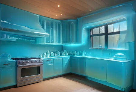 hud_mdrn_kitc,  No humans, kitchen, scenery, indoors, modern kitchen made out of slime, appliances made out of slime, cabinets made out of slime, neutral colors, earthy tones, 
natural light, no bright spots, (((wood colored slime))), (((slime colored with earth tones))), (((not blue slime))), 
((translucent slime)), ((transparent slime)), made of water, (bioluminescent slime), sl1m3, slime, slime-morph, ais-blmn, saturated colors, no creatures, no humans, no monsters, no pokemon, scenery only, scenery, ral-lava, watce, je11y, gummymorph,