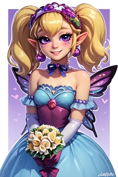 score_9, score_8_up, score_8, medium breasts, (curvy), cute, eyelashes, BREAK, , <lora:Agitha_Zelda_PDXL:0.8>, zzAgitha, purple eyes, blonde hair, twintails, pointy ears, butterfly wings, , BREAK, smile, looking at viewer, bride, wedding dress, bridal veil, strapless dress, elbow gloves, holding bouquet, hearts, white outline, cowboy shot, embedding:zPDXL, Expressiveh, <lora:Vivid:0.7>, <lora:LFashionPDXL:1>, <lora:Uncensored_PonyXL_cpt_v02.09:0.4>, <lora:Expressive_H-000001:0.4>,