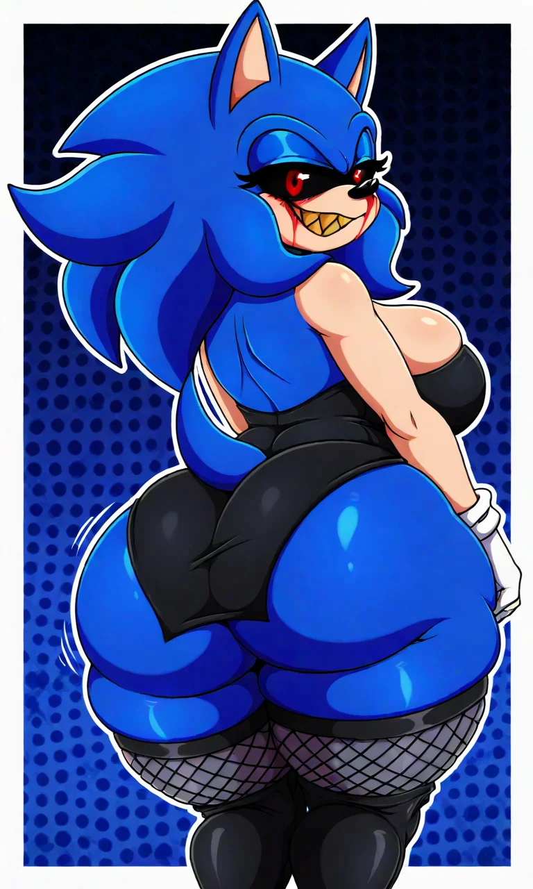 looking at viewer, smirk, solo, upper body, masterpiece, best quality, amazing quality, very aesthetic, absurdres, newest, halftone effect, white borders, abstract background, wide hips, thick thighs, dynamic lineart, looking back, back view, motion lines, twerk || er1s, hedgehog, blue fur, black sclera, red pupils, bloody tears, sharp teeth, white gloves, black dress, fishnet, grey thigh highs, black boots