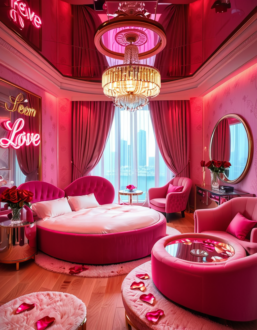 A luxurious, stylish love hotel room,love hotel r00m with a romantic and intimate atmosphere. The room features a large, round king-sized bed with silky red and black sheets, surrounded by soft, ambient lighting. Neon pink and purple LED lights illuminate the walls, creating a sensual glow. A plush velvet sofa sits near the bed, with a glass-topped coffee table holding champagne glasses and a chilled bottle of champagne. The ceiling has a large mirror, reflecting the entire room. On one side, thereâs a floor-to-ceiling window with sheer curtains, showing the night cityscape in the background. A modern jacuzzi tub with rose petals floating on the water is visible in the corner, surrounded by candles. The room has a sleek, modern design with a touch of opulence, including gold accents on the furniture and warm wooden floors. The lighting is dim and moody, emphasizing the romantic ambiance.
<lora:SDXLFaeTastic2400:0.4> <lora:extremely_detailed:0.4> extremely detailed, <lora:love_hotel_r00m:1>, Masterpiece,best quality,hi res,8k,hi res,8k,award winning,(sharp focus, intricate, highly detailed),