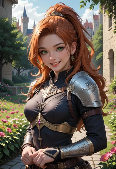 (score_9, score_8_up, score_7_up), nsfw, 1 girl, drow, pathfinder portrait, ginger hair, high ponytail, long hair,
, freckles:1.2, side strands,deep green eyes, black armor, warrior,
BREAK happy, excited, picking flowers, smiling, two hands
BREAK exterior, castle, daytime, garden, Cowboy shot, volumetric lighting, vivid colours, g0thicPXL, Expressiveh, embedding:SimplePositive_XL_v1_AutoRunMech,