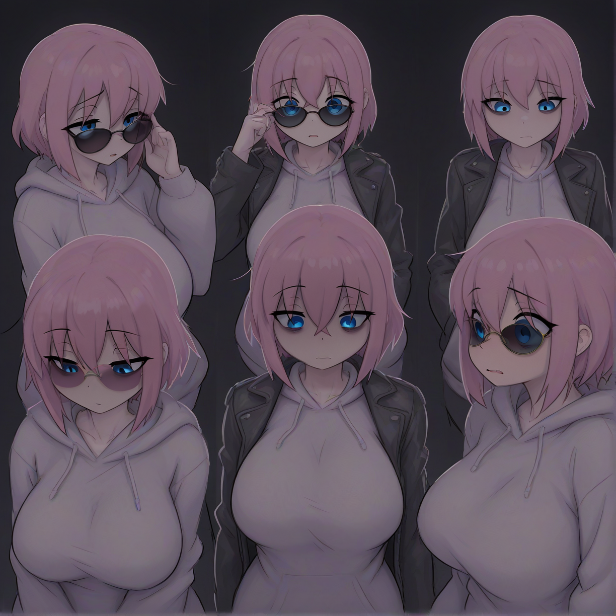 masterpiece, best quality, amazing quality, very aesthetic, absurdres,  newest, scenery,  , solo, 1girl, pink_hair, blue_eyes, leather jacket, hoodie, tired, short_hair, bags_under_eyes, adjusting_eyewear, sunglasses, hitori_bocchi, multiple views, (colorful), ozon, masterpiece, best quality, amazing quality, very aesthetic, absurdres,  newest, scenery, volumetric lighting, colorful clothes, <lora:0956_Red_flowers_everywhere_v1_pony:0.5> <lora:OZON:1.5> <lora:noobai_ep11_stabilizer_v0.11_fp16:1.0>