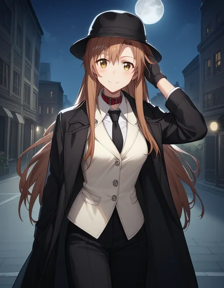 score_9, score_8_up, score_7_up, source_anime, asunayuuki, <lora:asuna-yuuki-s1-ponyxl-lora-nochekaiser:1>, asuna yuuki, long hair, brown hair, brown eyes, medium breasts,, <lora:fedora-ponyxl-lora-nochekaiser:1>, fedora, hat, mob hat, black hat,, outdoors, night, moon, street, bolo tie, trench coat, hand on headwear, collar, gloves, necktie, pants, suit, looking at viewer, smile, blush, black coat, white vest,, solo, dutch angle, cowboy shot,