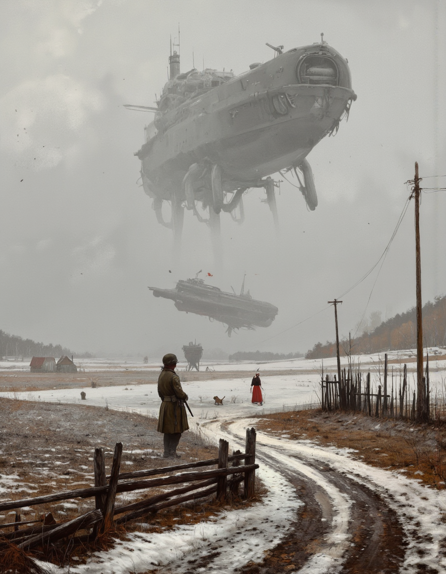 By Jakub Rozalski. A realistic digital painting from a far camera angle, depicting a cold, snowy landscape with a large ship in the air, a large, imposing structure resembling a spaceship, and several smaller, humanoid figures in the distance. the scene is set in a rural area, with sparse vegetation and a wooden fence in the foreground. the sky is filled with a thick layer of fog, and the ground is covered in a layer of snow. on the left side of the image, a soldier stands guard, holding a rifle, while on the right side, a woman in a red dress is walking with her dog. in the background, a massive, imposing ship is visible, partially obscured by the fog, adding to the sense of unease and foreboding in the otherwise desolate landscape.