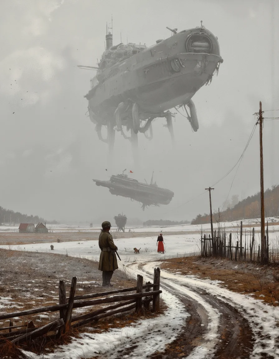 By Jakub Rozalski. A realistic digital painting from a far camera angle, depicting a cold, snowy landscape with a large ship in the air, a large, imposing structure resembling a spaceship, and several smaller, humanoid figures in the distance. the scene is set in a rural area, with sparse vegetation and a wooden fence in the foreground. the sky is filled with a thick layer of fog, and the ground is covered in a layer of snow. on the left side of the image, a soldier stands guard, holding a rifle, while on the right side, a woman in a red dress is walking with her dog. in the background, a massive, imposing ship is visible, partially obscured by the fog, adding to the sense of unease and foreboding in the otherwise desolate landscape.