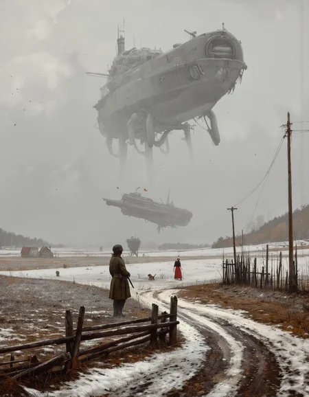 By Jakub Rozalski. A realistic digital painting from a far camera angle, depicting a cold, snowy landscape with a large ship in the air, a large, imposing structure resembling a spaceship, and several smaller, humanoid figures in the distance. the scene is set in a rural area, with sparse vegetation and a wooden fence in the foreground. the sky is filled with a thick layer of fog, and the ground is covered in a layer of snow. on the left side of the image, a soldier stands guard, holding a rifle, while on the right side, a woman in a red dress is walking with her dog. in the background, a massive, imposing ship is visible, partially obscured by the fog, adding to the sense of unease and foreboding in the otherwise desolate landscape.