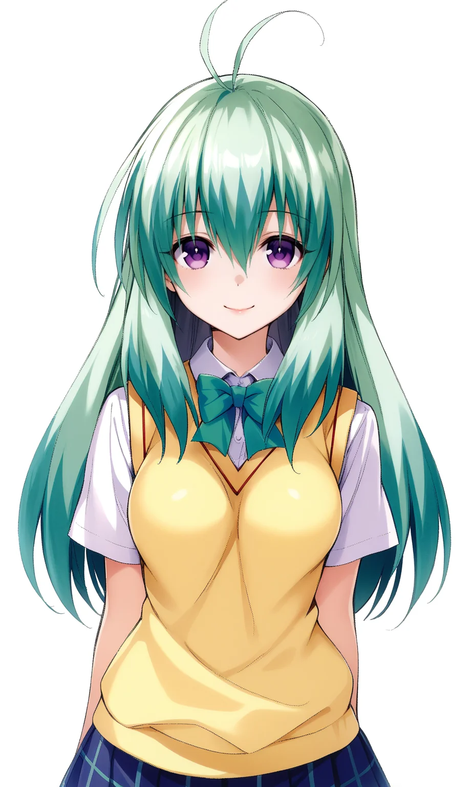 run elsie jewelria, purple eyes, green hair, long hair, medium breast, school uniform, skirt, sweater vest, looking at viewer, light smile, upper body,
masterpiece, best quality, very aesthetic, absurdres, straight-on,
<lora:YabukiKentarou_XL:0.9>