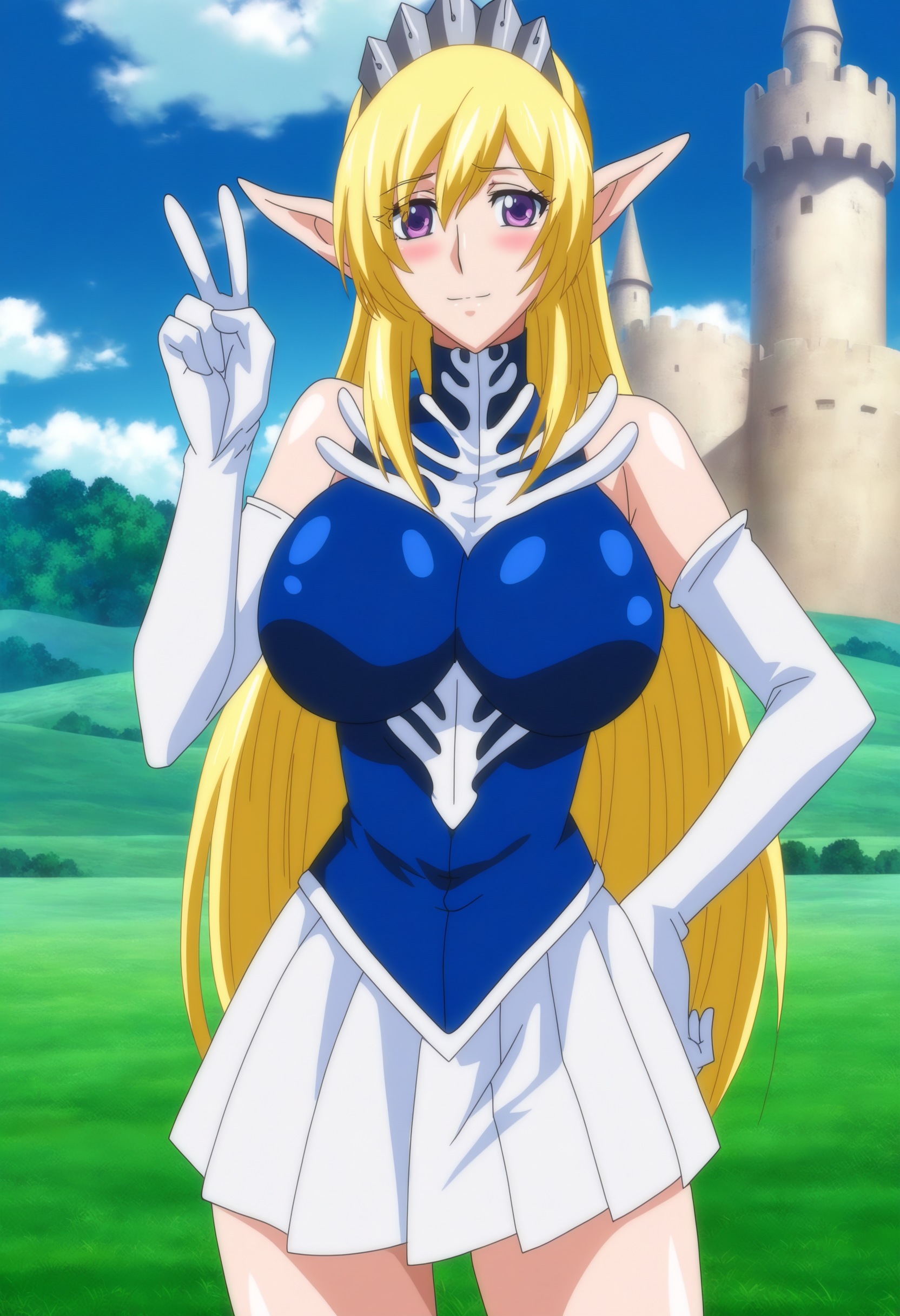 masterpiece, good quality, best quality, absurdres, highres, very awa, game cg, anime screenshot,
ninaaslato, hand on own hip, V, cowboy shot, 5 fingers,
1girl, elf, solo,
looking at viewer, blush, light smile,
blonde hair, long hair, purple eyes, tiara,
turtleneck, short dress, bare shoulders, elbow gloves, pleated skirt,
curvy, large breasts, thighs,
outdoors, day, meadows, white castle, blue skies,
 <lora:NinaAslato 3216 NoobAIXL Vpred_1:1>