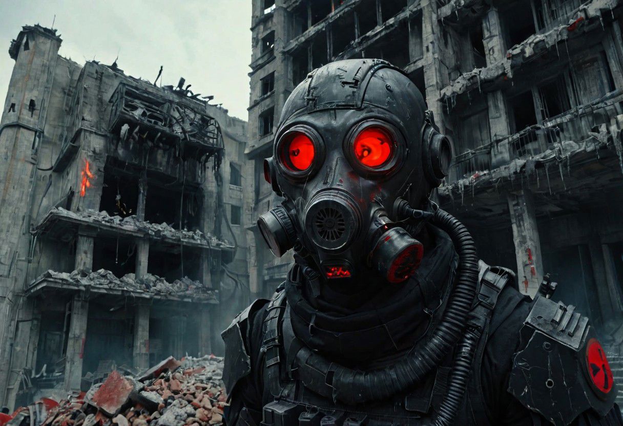 cinematic film still,live action jin-roh the wolf brigade,dystopic kerberos panzerkop wearing black power armor and a gas mask with glowing red eyes holding a flamethrower standing in a crumbling city with brutalist architecture and rubble,stalhelm,